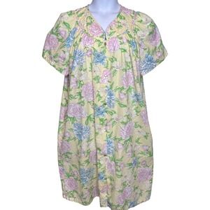 Elegant Emily Womens Floral Snap Front House Dress Duster Yellow Pink Blue Sz 2X